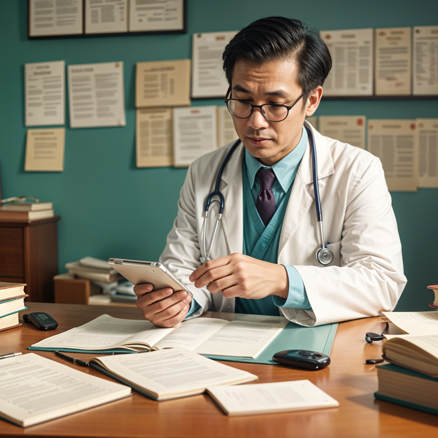 A middle-aged Asian male doctor wearing glasses and a white coat, sitting at a desk surrounded by medical books and documents for MAKED Booking Solutions.