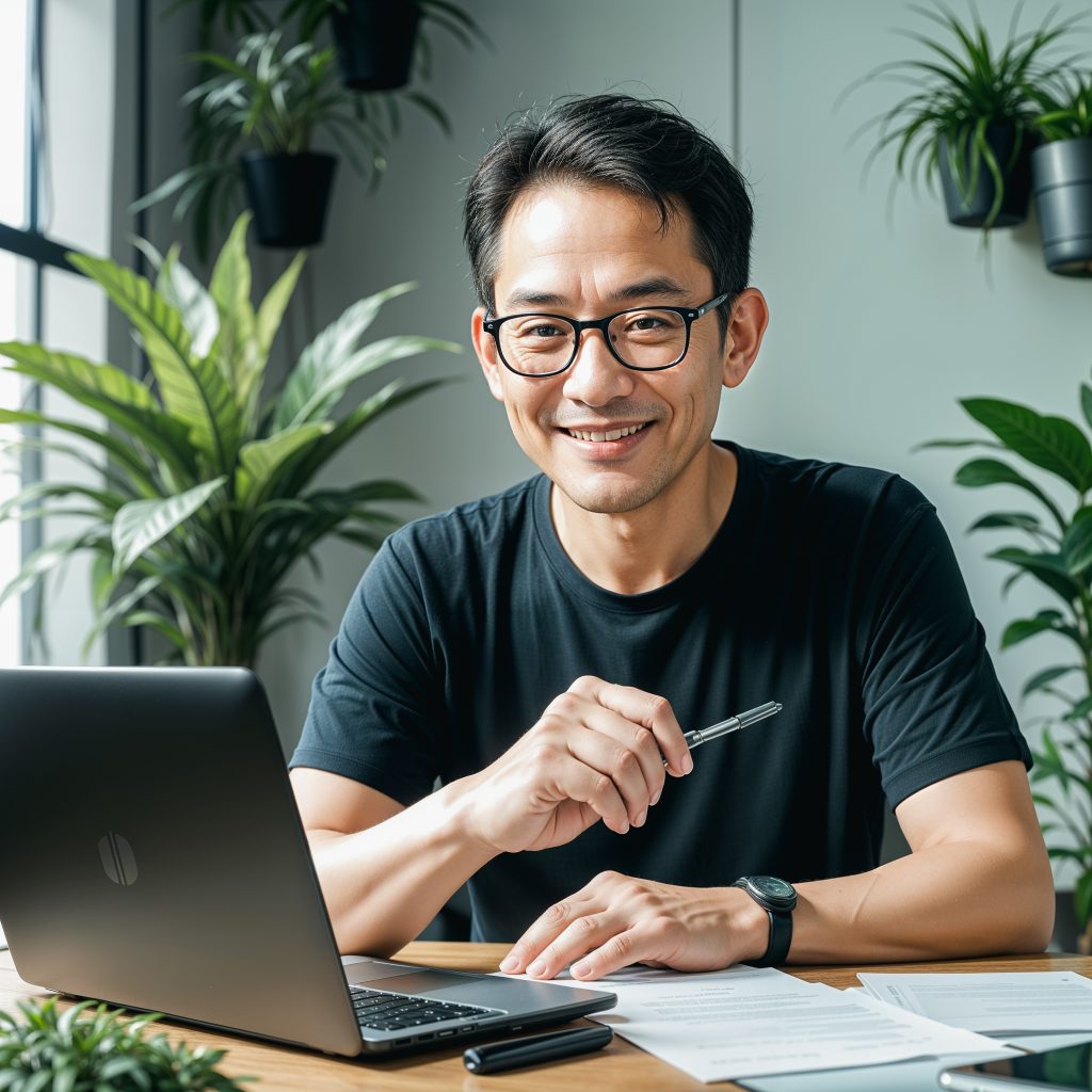 A middle-aged Asian man with glasses working on a laptop in a home office environment with plants in the background for MAKED Booking Solutions.