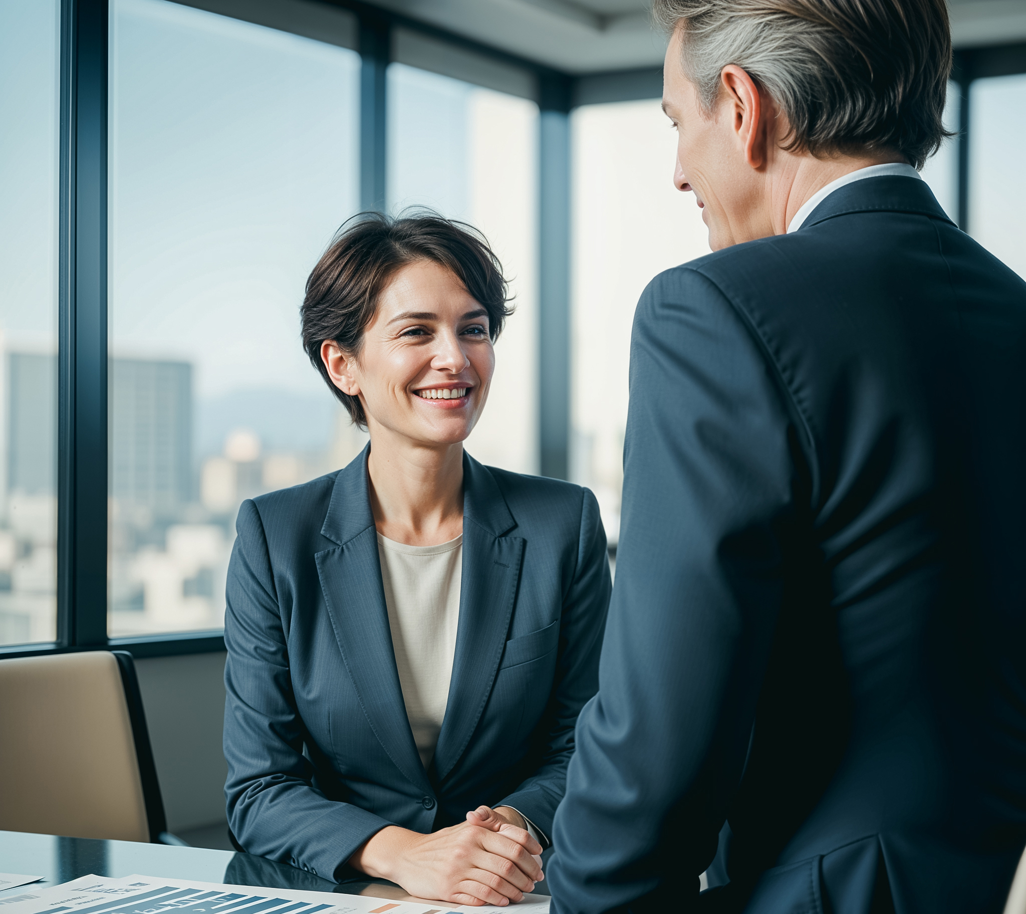 A middle-aged Caucasian woman in a gray suit smiling and shaking hands with a middle-aged Caucasian man in a suit, in an office setting with a city skyline visible through the window for Maked Booking Solutions.