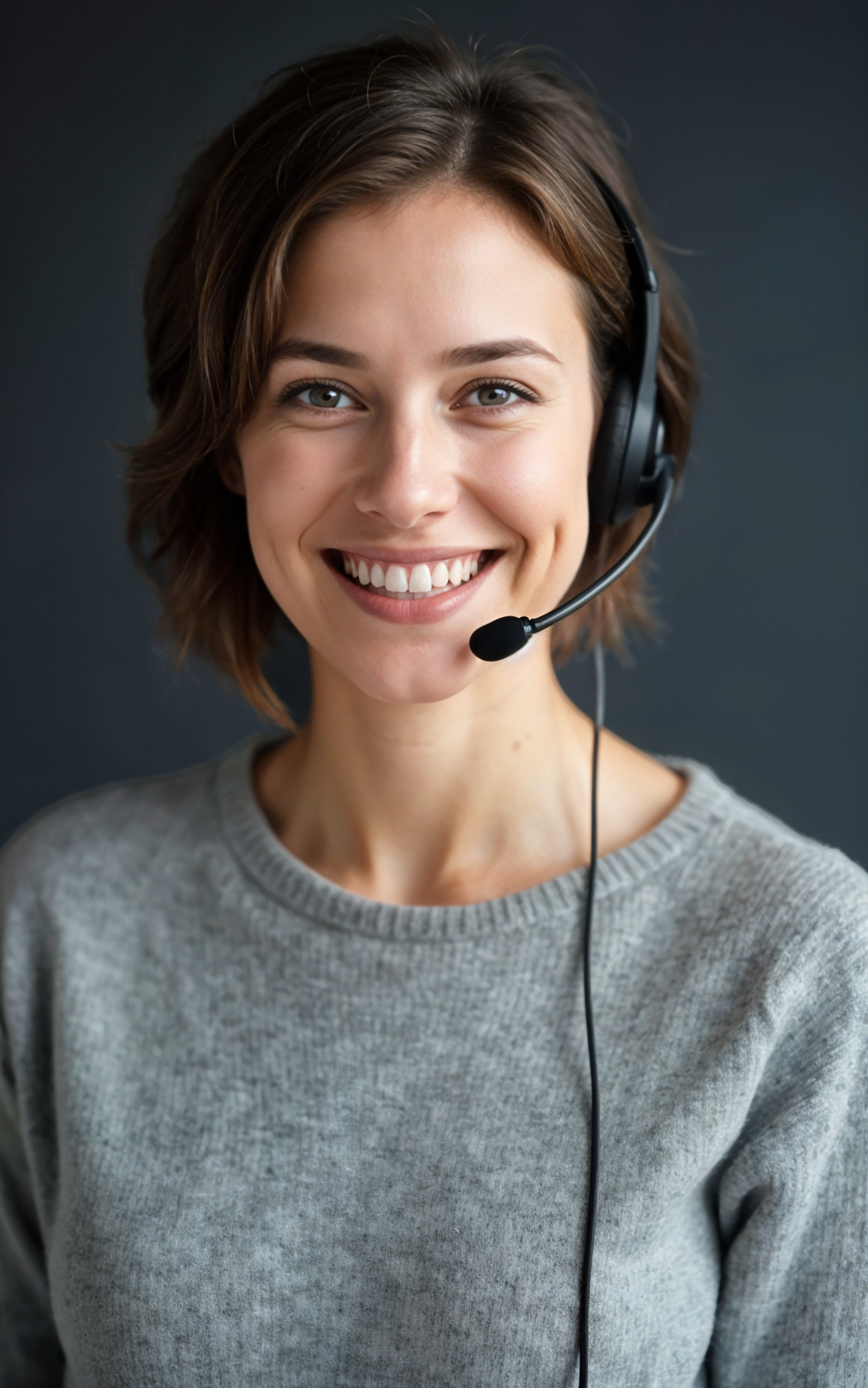 A young Caucasian woman with short brown hair wearing a gray sweater and a headset, smiling at the camera in the Maked office.