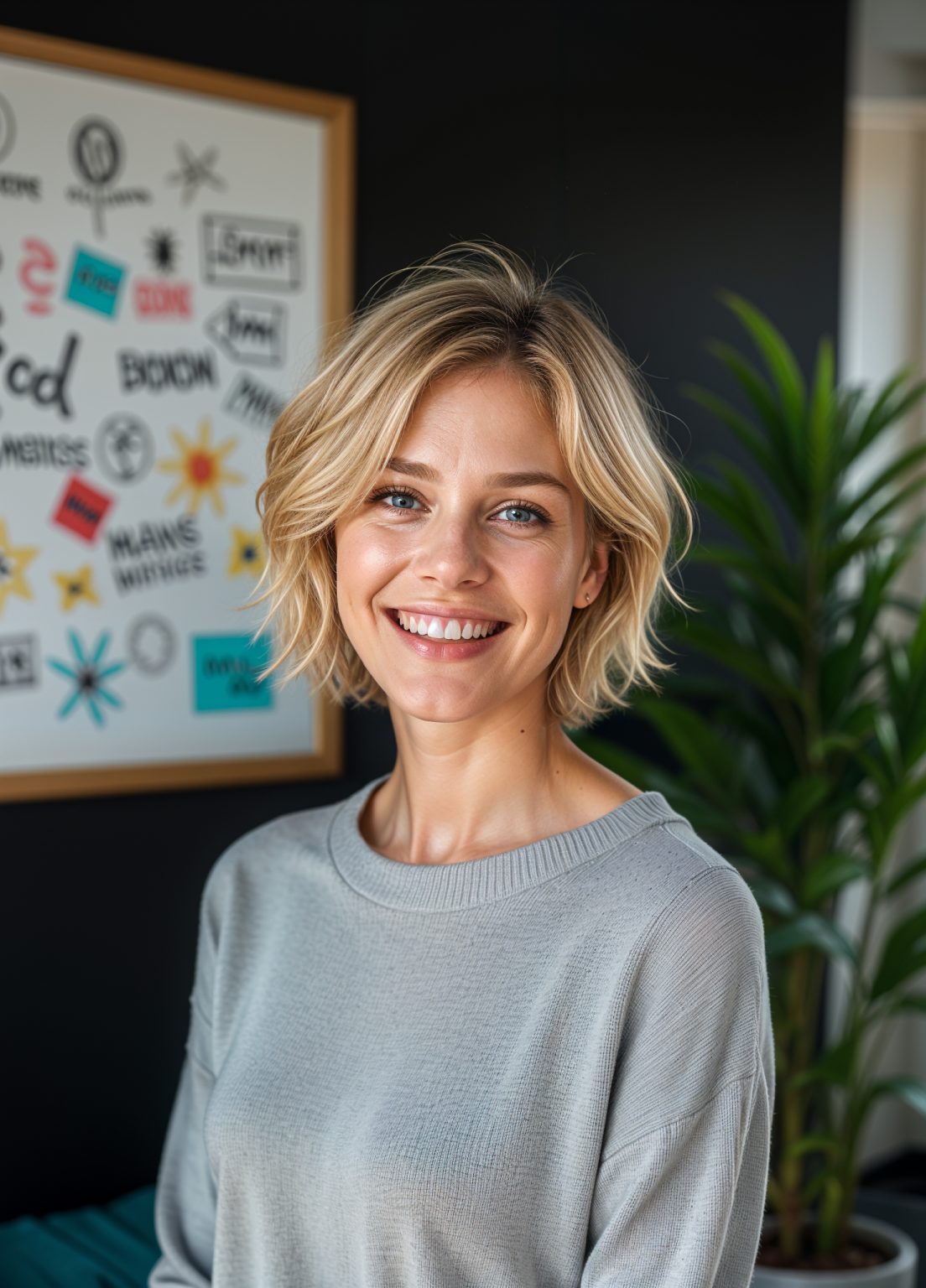 A smiling middle-aged Caucasian woman with short blonde hair in a casual gray sweater in an office setting with a whiteboard in the background for Maked.