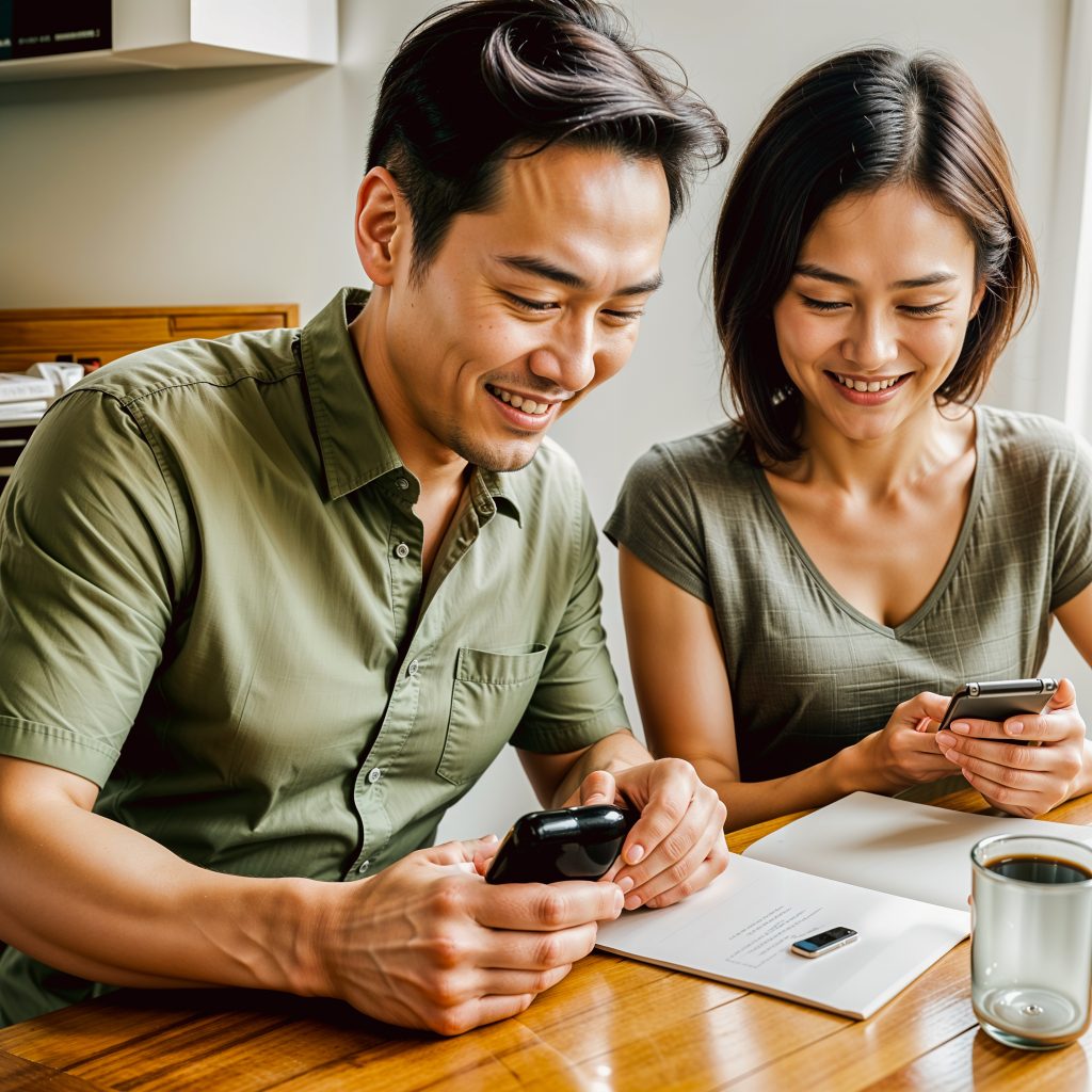 A young Asian couple in their 20s or 30s sitting at a table, smiling and looking at their smartphones together for MAKED Booking Solutions.